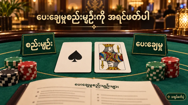 ဘလက်ဂျက်စားပွဲပေါ်တွင် အေ့စ်နှင့်ဘုရင်ဖဲ၊ ချစ်ပ်များနှင့် စည်းမျဉ်း၊ ပေးချေမှုဟူသော မြန်မာစာတန်းများ ပြထားသော သရုပ်ဖော်ပုံ